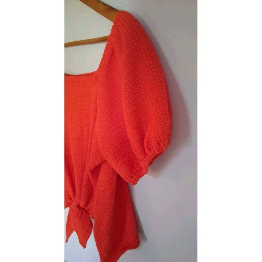 LOFT Top M Orange Textured Puff Sleeve Tie Front Square Neck Cotton Blend Blouse